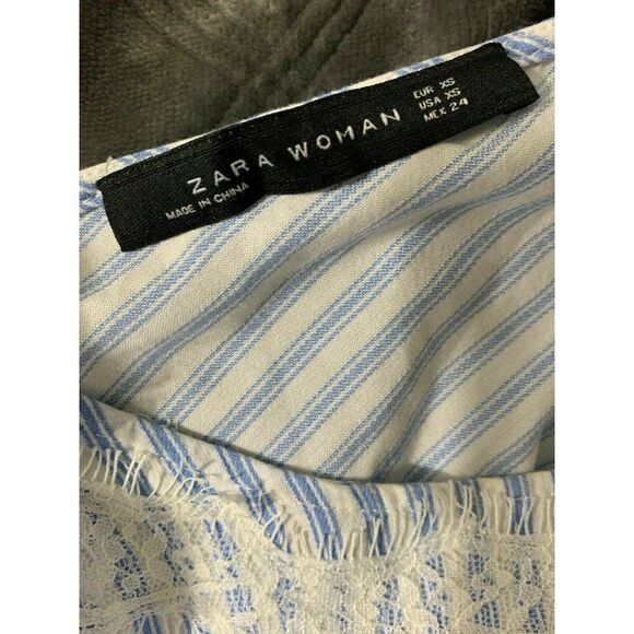 Zara Womens Blue White Striped Lace Long Sleeve Top Blouse Xs - Picture 5 of 7